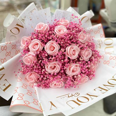 18 Pink soap Roses bouquet with Baby's breath (4mua SOAP-018P1)